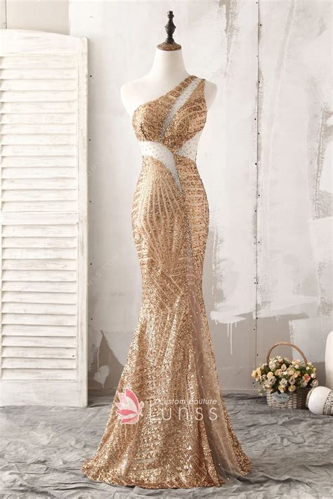 Gold Sequin One Shoulder Beaded Sheer Cut Out Prom Dress Lunss