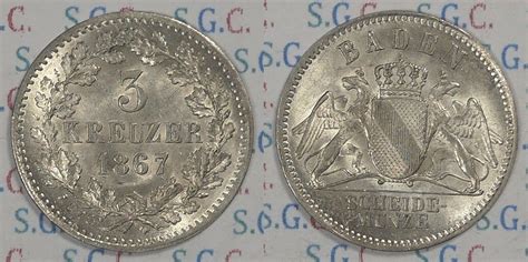 Altdeutschland Baden 3 Kreuzer 1867 Grand Duke Friedrich Bright BU MA