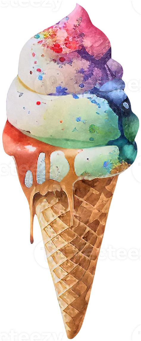 Rainbow Ice Cream In A Waffle Cone Isolated In Watercolor Style Ai