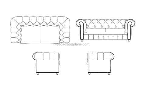 Chesterfield Sofa Two Seater Autocad Block Free Cad Floor Plans