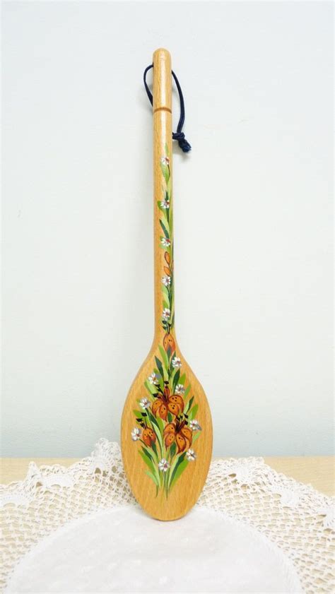 Hand Painted Wooden Spoon Lilies And Daisies With Foliage Folk Art