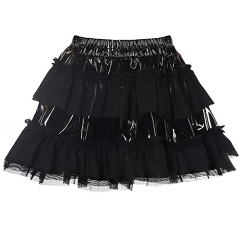 Punk Gothic Women Ruffle Skirts Sexy Black Pvc Faux Leather Mesh