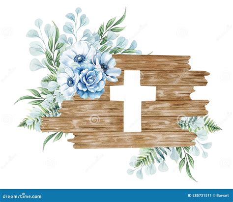 Cruz Floral Cruz De Madera Con Flores Azules Helar Ramas De Eucalipto