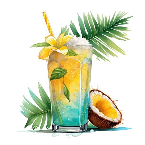 Premium Ai Image Watercolor Of A Tropical Malibu Drink Exuding The