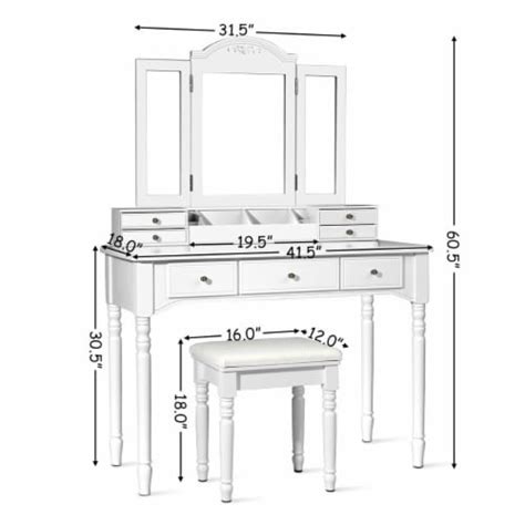 7 Drawers Vanity Set Dressing Table W Tri Folding Mirror White 1 Unit