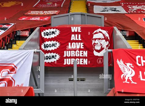 A Banner Showing Liverpool Manager Jurgen Klopp Ahead Of The Premier League Match At Anfield