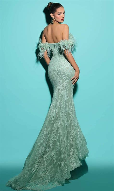 Tarik Ediz 98473 Feather Detailed Off Shoulder Gown Couture Candy