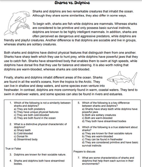 Compare And Contrast Sharks And Dophins Reading Worksheet Educational