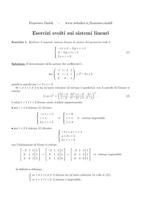 7 Esercizi Sistemi Param Esercizi Svolti Sui Sistemi Lineari