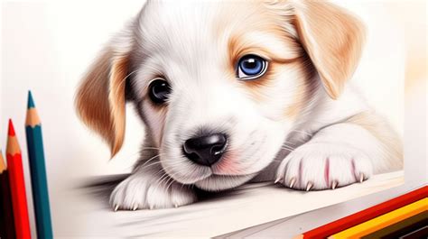 Color Pencil Drawing Of A Puppy On The White Paper With Colored Pencils Backgrounds | JPG Free ...