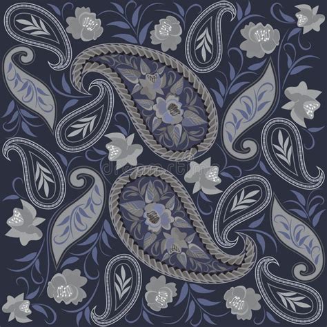 Seamless Grey And Blue Pattern With Paisley And Flowers Vector Print