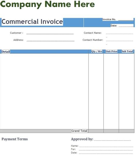 An Invoice Form With The Words Company Name Here