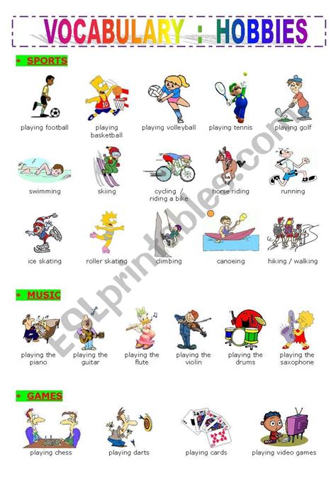 HOBBIES PICTIONARY ESL Worksheet By Mags24