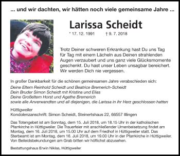 Traueranzeigen Von Larissa Scheidt Saarbruecker Zeitung Trauer De