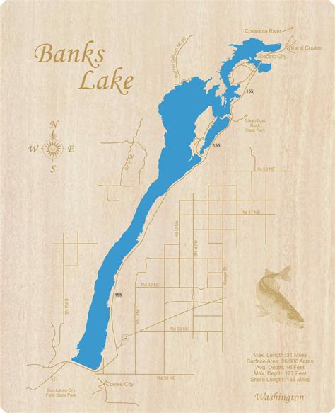 Banks Lake Washington Laser Cut Wood Map Personal Handcrafted Displays