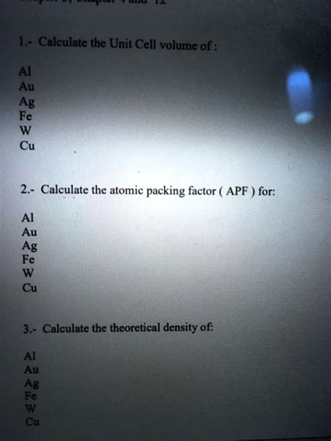 1 Calculate The Unit Cell Volume Of Al Au Ag Fe W Cu 2 Calculate