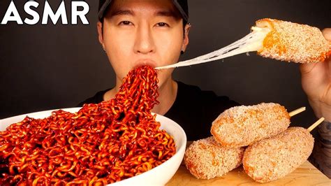 Asmr Black Bean Fire Noodles And Mozzarella Corn Dogs Mukbang No Talking