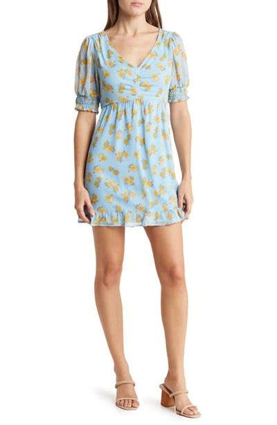 Lush Puff Sleeve Minidress In Blue Yellow Modesens