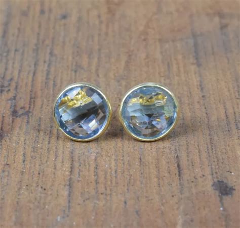 Solid Sterling Silver Ct Gold Overlay Cut Blue Iolite Quartz Stud