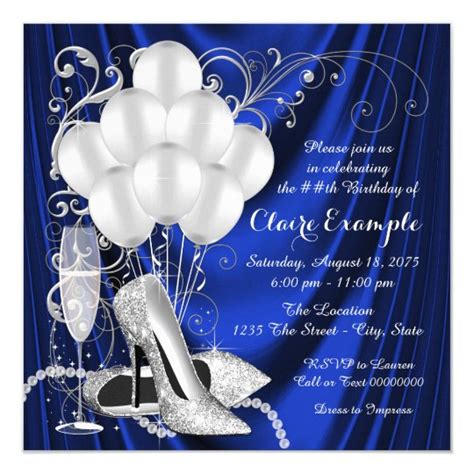 Womans Royal Blue And Silver Birthday Party Luxe Invitation