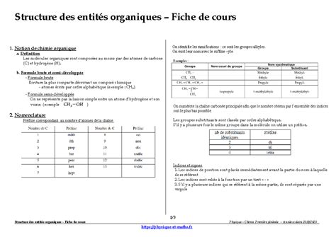 Structure Entit Chimique Structure Des Entit S Organiques Fiche De