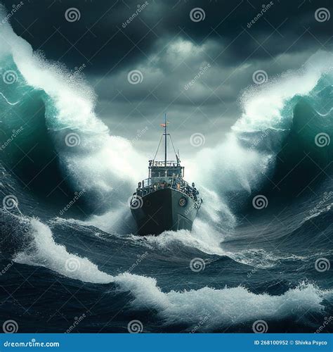 Photo of Raging Ocean with Boat Huge Battle Generative Ai Stock