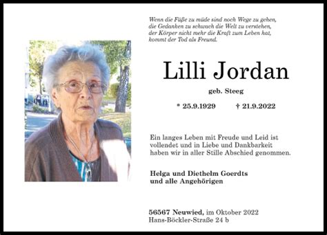 Traueranzeigen Von Lilli Jordan Rz Trauer De