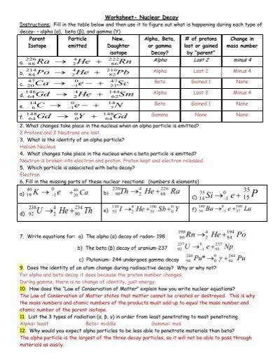 Nuclear Equations Alpha And Beta Decay Worksheet Answers - Tessshebaylo