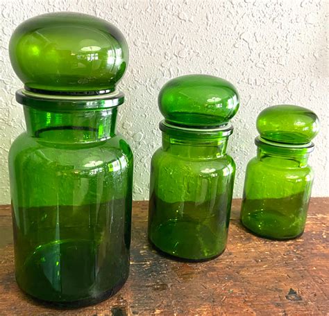 Set Of 3 Vintage Apothecary Jars Green Glass With Lids Etsy