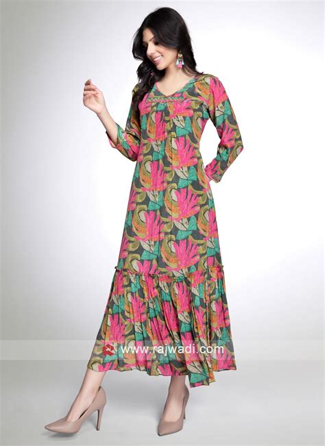 Multi Color Fancy Printed Flared Kurti