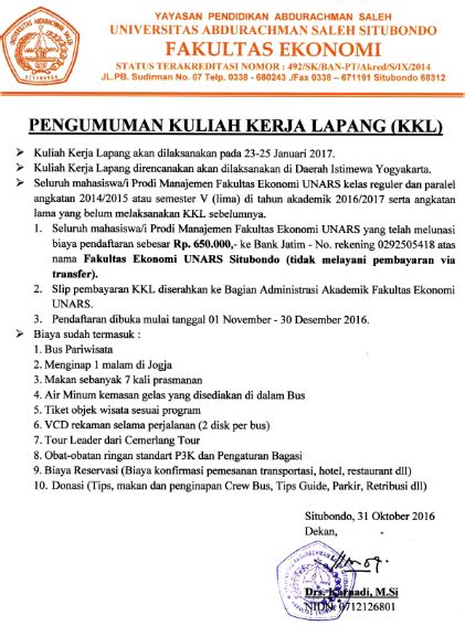 Pengumuman Informasi Kuliah Kerja Lapangan Kkl 2017 Fakultas