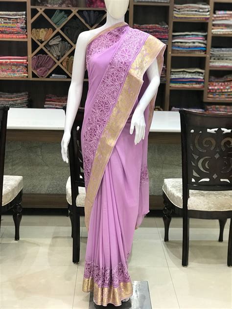 Purple Aari Embroidered Kashmiri Saree Women Indian Ethnic