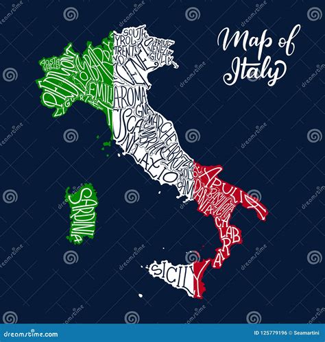 Italy Regions Map in Vector Sketch Lettering Stock Vector ...