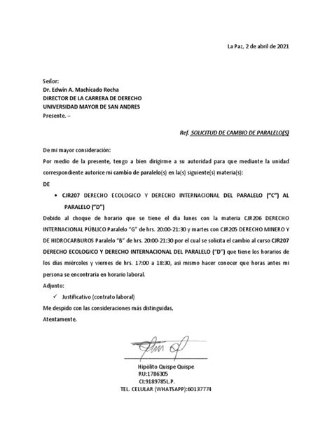 Carta Solicitud De Cambio Pdf