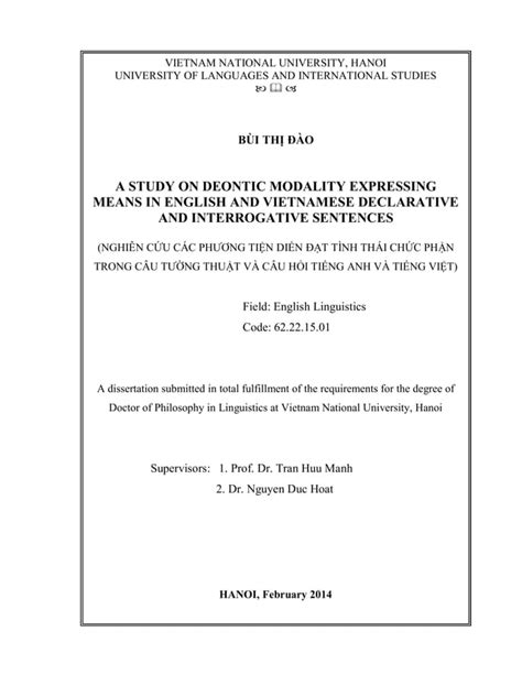 A Study on Deontic Modality Expressing Means in English and Vietnamese Declarative and ...