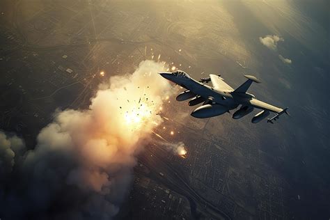 aerial high view of a generic military fighter jet crosses over a ...