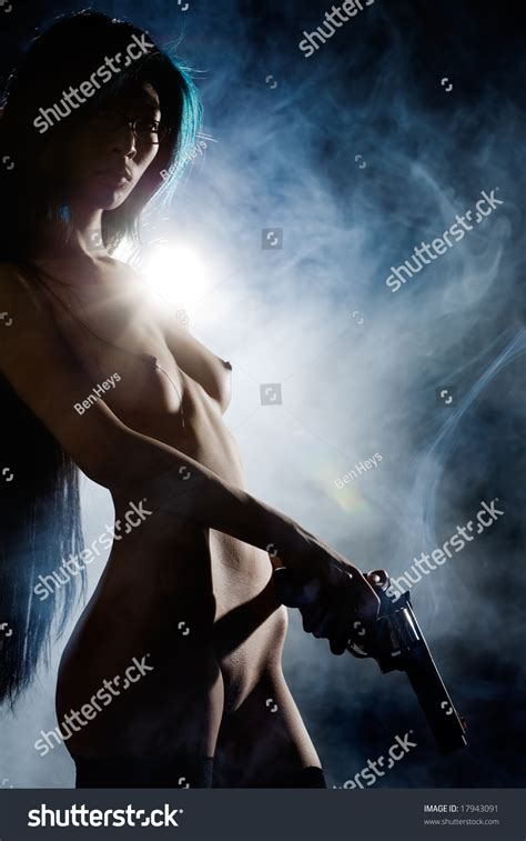 Naked Beauty Holding Gun Smoke Background Stock Photo Shutterstock