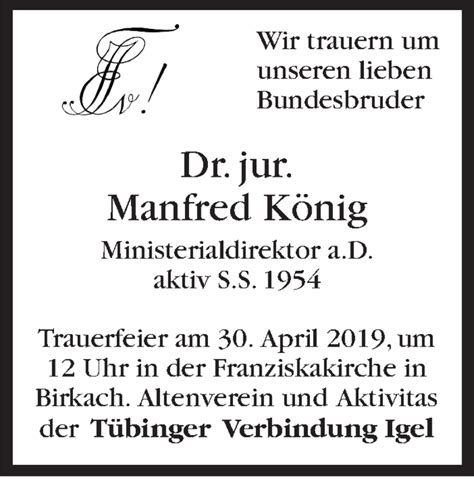 Traueranzeigen Von Manfred K Nig Stuttgart Gedenkt De