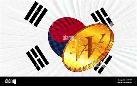 South Korean Flag And Golden Coin With Sign Currency Republic Of Korea