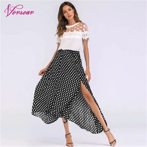 Versear Vintage Boho Long Skirt Side Slit Asymmetric Hem Summer Chiffon