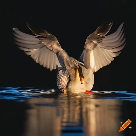 Beautiful Duck Partially Submerged In A Pond With Wings Spread Out And