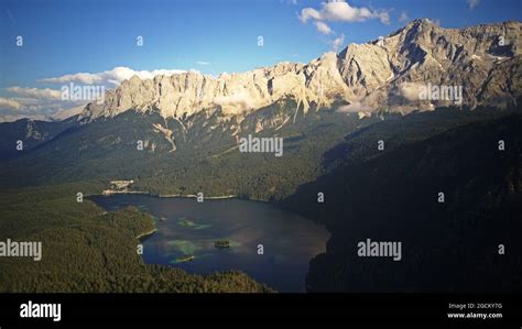 aerial view of lake eibsee and zugspitze germany Stock Photo - Alamy