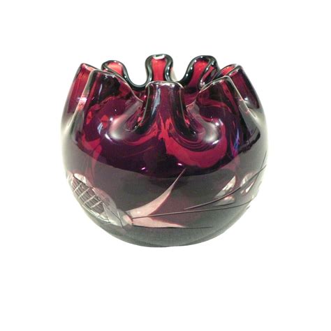 Ruby Red Folded Rim Glass Vase Orb Floral Design Etched Through To Clear Etsy