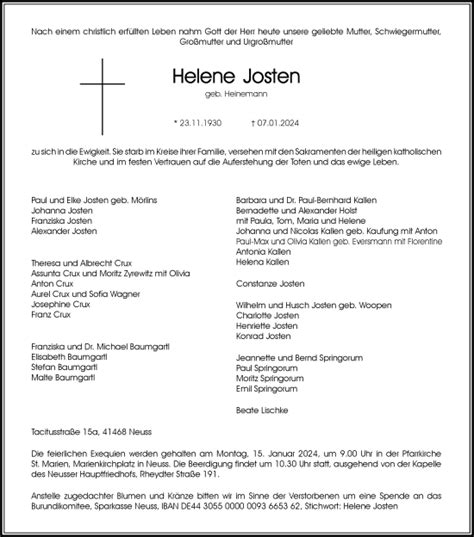 Alle Traueranzeigen für Helene Josten trauer rp online de