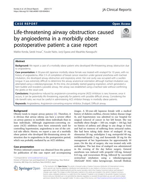 Pdf Life Threatening Airway Obstruction Caused By Angioedema In A