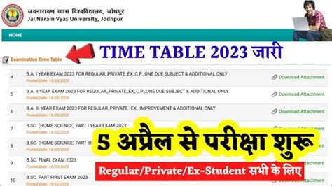 jnvu exam 2023 time table जर jnvu BA BSC परकष 5 अपरल स शर