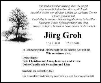 Traueranzeigen Von J Rg Groh Trauer In Thueringen De