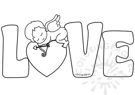 Valentines Day Cupid With Love Text Coloring Page