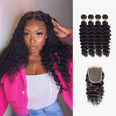 Brooklyn Hair 7a Deep Wave 4 Bundles With 4x4 Lace Closure Look