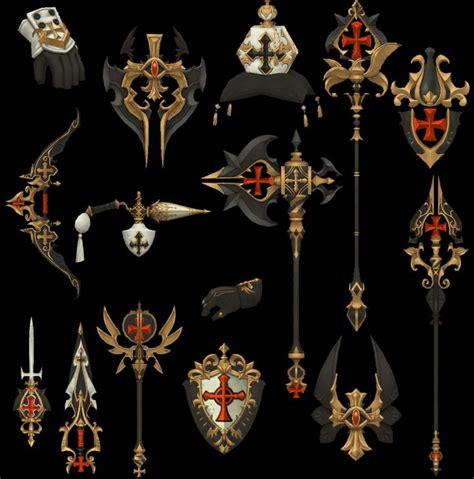 A Bunch Of Different Types Of Swords And Armor On A Black Background